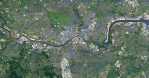 An aerial view of London featuring the River Thames